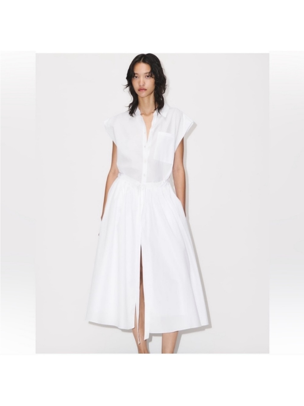 Zara White Button-Front Midi Shirt Dress